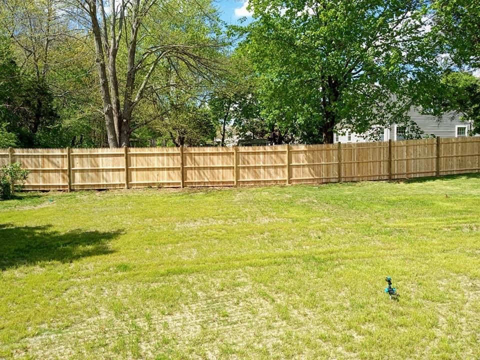 Cedar fence marking a rear boundary across a bright spring lawn