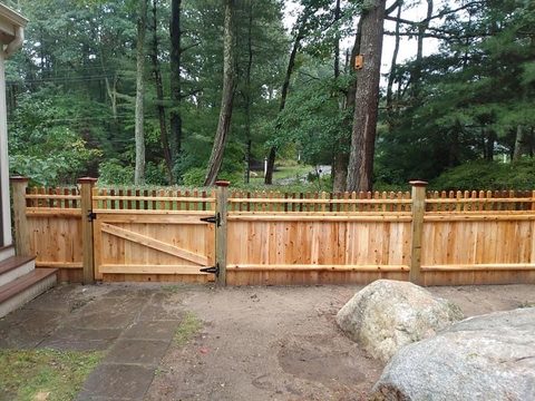 Cedar privacy fence and matching gate beside established planting
